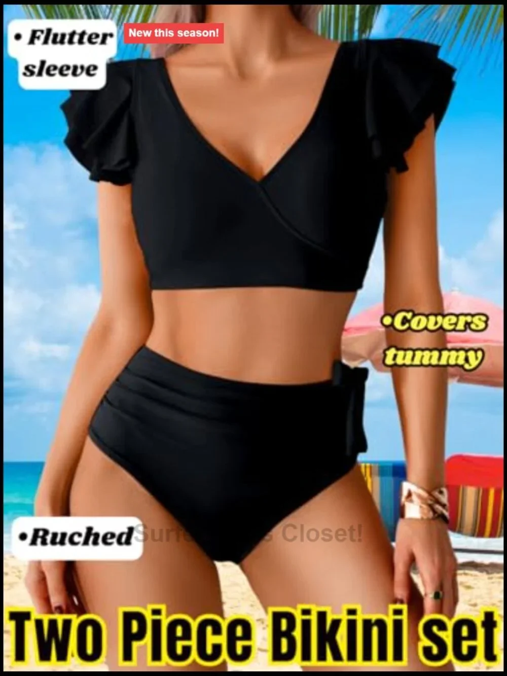 High Waisted 2 Piece Bikini Set, Tummy Control Ruffle V Neck Full Coverage